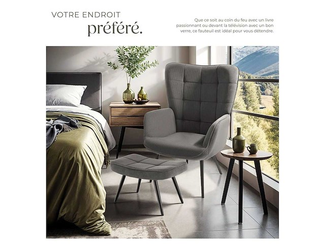 Fauteuil fijn ribfluwelen antraciet/zwart met kruk - afbeelding 4 van  8