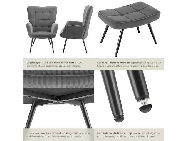 Fauteuil fijn ribfluwelen antraciet/zwart met kruk - afbeelding 5 van  8