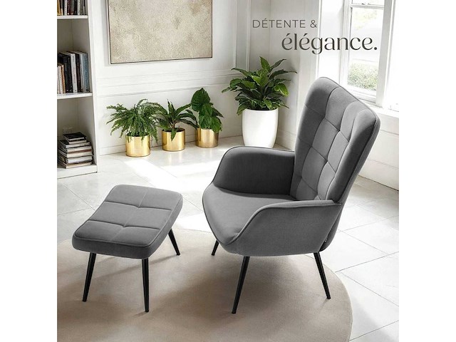 Fauteuil fijn ribfluwelen antraciet/zwart met kruk - afbeelding 6 van  8