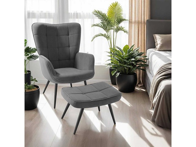 Fauteuil fijn ribfluwelen antraciet/zwart met kruk - afbeelding 7 van  8