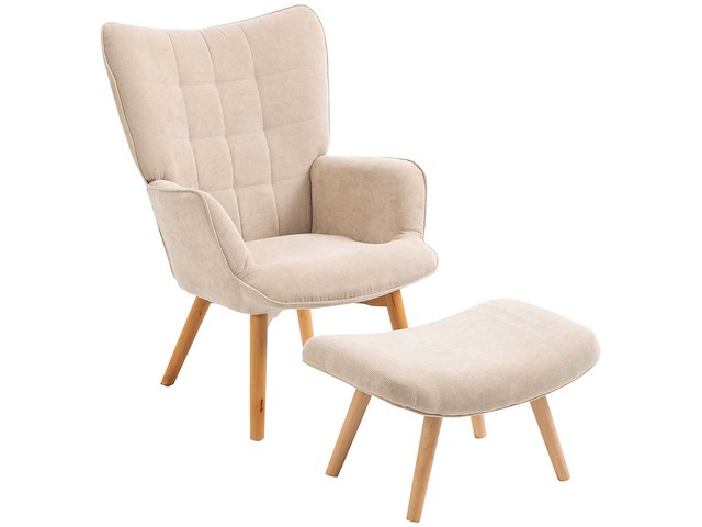 Fauteuil met voetensteun, hoge rugleuning, houten poten en stof die op een corduroy-look lijkt - afbeelding 3 van  8