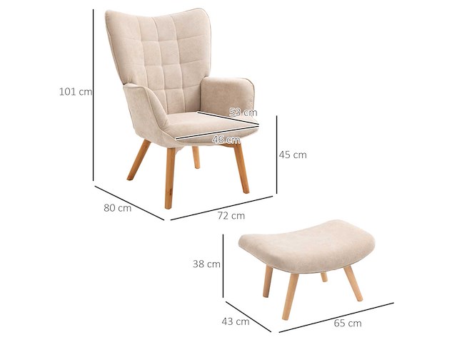 Fauteuil met voetensteun, hoge rugleuning, houten poten en stof die op een corduroy-look lijkt - afbeelding 4 van  8