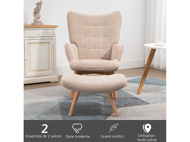 Fauteuil met voetensteun, hoge rugleuning, houten poten en stof die op een corduroy-look lijkt - afbeelding 7 van  8