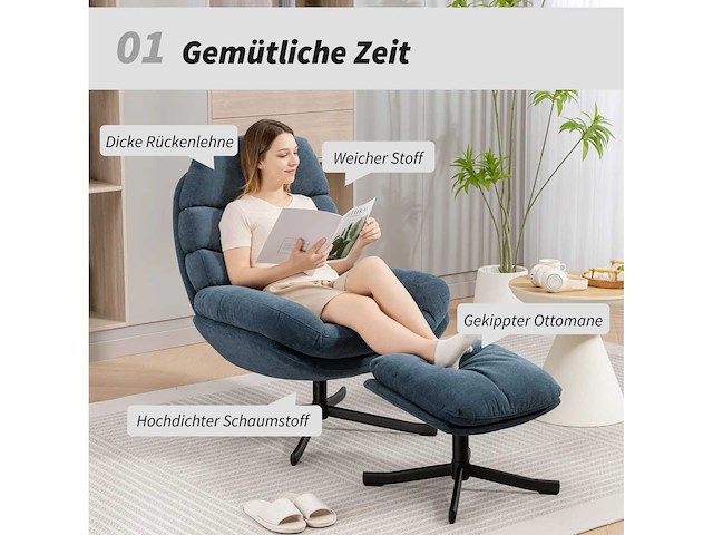 Fauteuil met voetsteun, loungestoel van chenille-stof - afbeelding 5 van  9