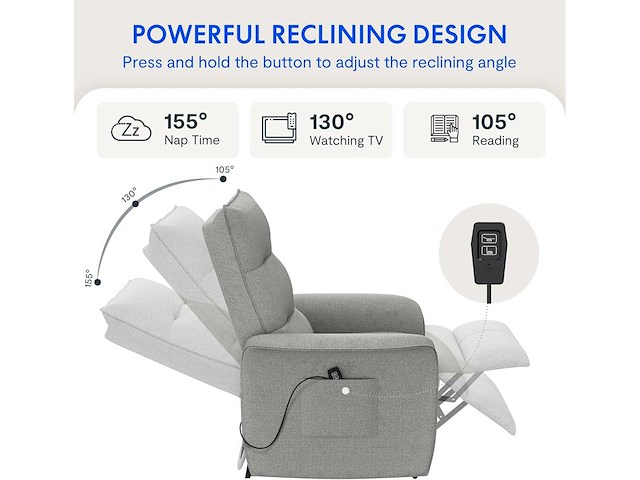 Fauteuil relax électrique, fauteuil inclinable avec dossier réglable 105°-155° - afbeelding 5 van  8