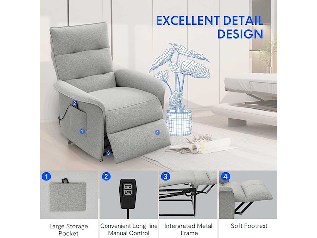 Fauteuil relax électrique, fauteuil inclinable avec dossier réglable 105°-155° - afbeelding 6 van  8