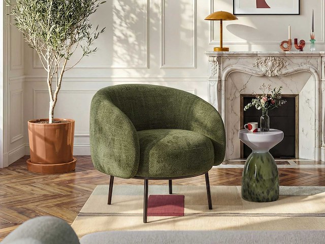Fauteuil van chenillestof en zwart metaal - khakigroen - ontwerp door adrien carvès - afbeelding 1 van  7