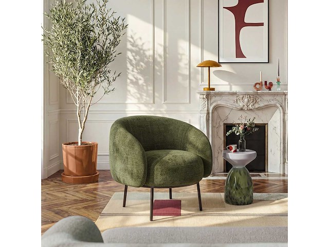 Fauteuil van chenillestof en zwart metaal - khakigroen - ontwerp door adrien carvès - afbeelding 2 van  7