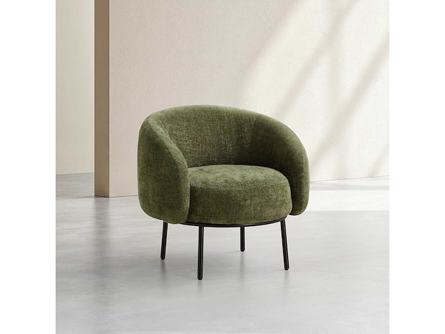 Fauteuil van chenillestof en zwart metaal - khakigroen - ontwerp door adrien carvès - afbeelding 4 van  7