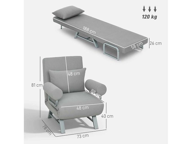 Fauteuilsbed, gestoffeerde fauteuil, ombouwbaar naar extra bed, ergonomisch, lichtgrijs - afbeelding 4 van  9