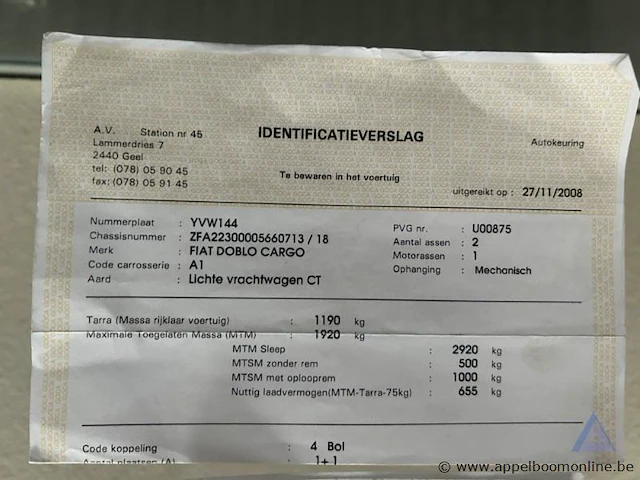 Fiat doblo cargo, zfa22300005660713, 1e insch 18/11/2008, 70463km, 57kw, 1368cm³, benzine, bestelwagen, euro 4, mtm 1920kg, tarra 1190kg, 2 sleutels, keuring tot 27/09/2026, insch. deel i, coc en identificatieverslag, trekhaak - afbeelding 9 van  22
