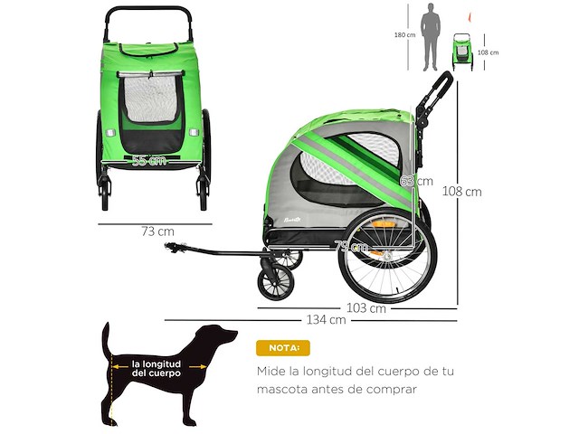 Fietsaanhanger 134 x 73 x 108 cm groen - afbeelding 4 van  7