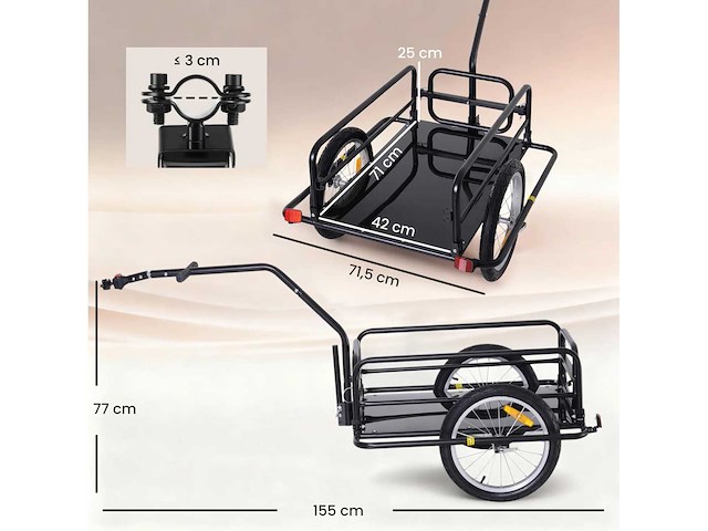 Fietstrailer, fietstransporttrailer, 70 l, 155l x 71,5l x 77h cm - afbeelding 3 van  4