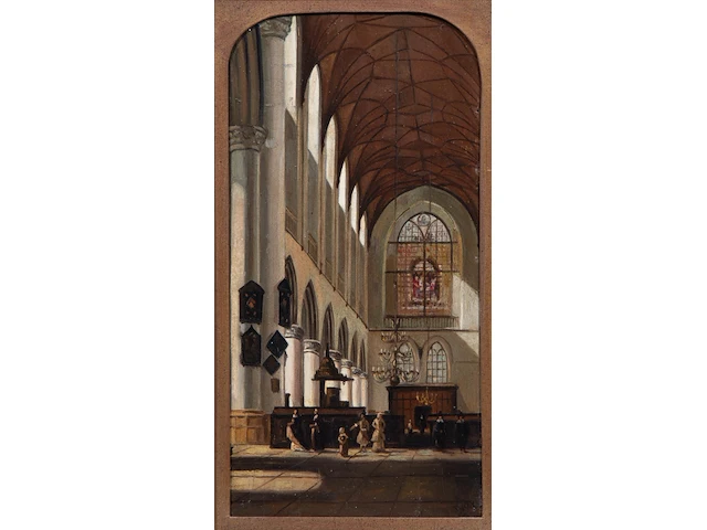 Figures in a church interior, oil on panel 38.5 x 20 cm. (15.16 x 7.87 in.), frame: 47 x 29 cm. (18 1/2 x 11.41 in.) - afbeelding 1 van  5