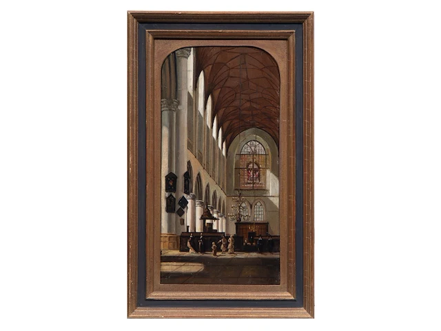 Figures in a church interior, oil on panel 38.5 x 20 cm. (15.16 x 7.87 in.), frame: 47 x 29 cm. (18 1/2 x 11.41 in.) - afbeelding 2 van  5