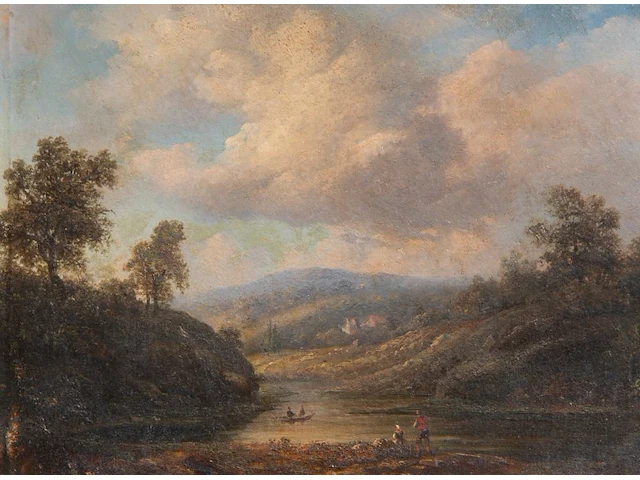 Figures in a landscape, romantic school, 19thc, oil on cardboard 20 x 24 cm. (7.87 x 9.44 in.), frame: 44.5 x 50 cm. (17.51 x 19.67 in.) - afbeelding 1 van  4
