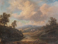 Figures in a landscape, romantic school, 19thc, oil on cardboard 20 x 24 cm. (7.87 x 9.44 in.), frame: 44.5 x 50 cm. (17.51 x 19.67 in.)