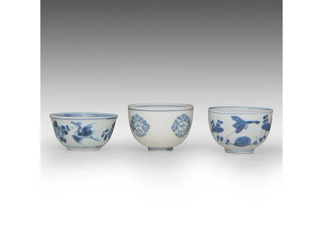 Five fine chinese blue and white shipwreck ware cups, decoration incl. dragons and birds, late ming dynasty, tallest h 5 cm - afbeelding 6 van  13