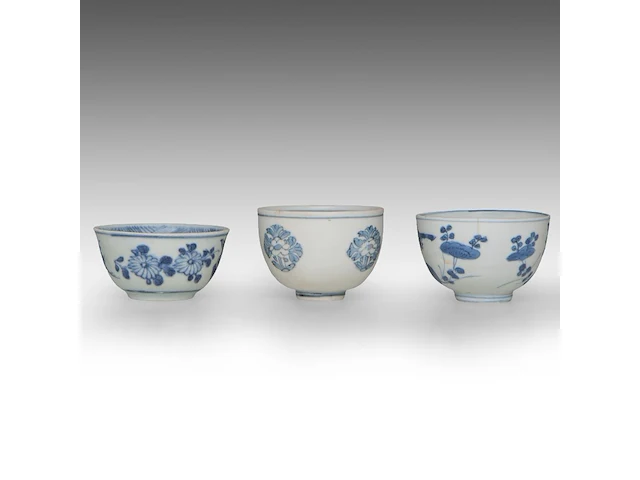 Five fine chinese blue and white shipwreck ware cups, decoration incl. dragons and birds, late ming dynasty, tallest h 5 cm - afbeelding 7 van  13