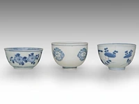 Five fine chinese blue and white shipwreck ware cups, decoration incl. dragons and birds, late ming dynasty, tallest h 5 cm - afbeelding 7 van  13