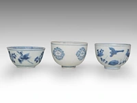 Five fine chinese blue and white shipwreck ware cups, decoration incl. dragons and birds, late ming dynasty, tallest h 5 cm - afbeelding 8 van  13
