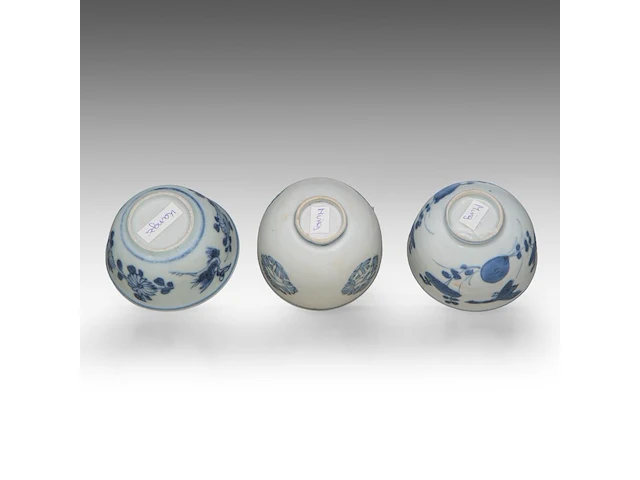 Five fine chinese blue and white shipwreck ware cups, decoration incl. dragons and birds, late ming dynasty, tallest h 5 cm - afbeelding 11 van  13