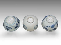 Five fine chinese blue and white shipwreck ware cups, decoration incl. dragons and birds, late ming dynasty, tallest h 5 cm - afbeelding 11 van  13