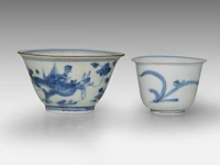 Five fine chinese blue and white shipwreck ware cups, decoration incl. dragons and birds, late ming dynasty, tallest h 5 cm - afbeelding 12 van  13