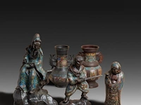 Five japanese champlevé enameled bronzes; three depicting figures and two vases, signed, 19th/20thc, tallest h 47 cm