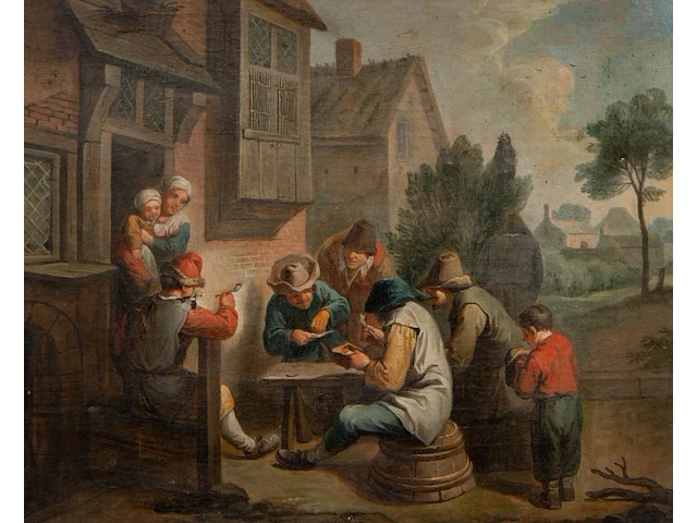 Flemish school, the pipe smokers in front of the inn, 18thc, oil on canvas 55 x 65 cm. (21.64 x 25.58 in.), frame: 67 x 67 cm. (26.37 x 26.37 in.) - afbeelding 1 van  7