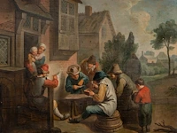 Flemish school, the pipe smokers in front of the inn, 18thc, oil on canvas 55 x 65 cm. (21.64 x 25.58 in.), frame: 67 x 67 cm. (26.37 x 26.37 in.)