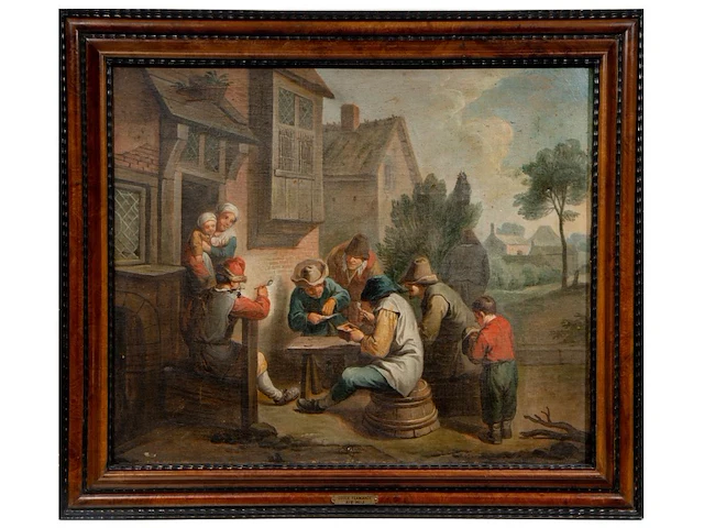 Flemish school, the pipe smokers in front of the inn, 18thc, oil on canvas 55 x 65 cm. (21.64 x 25.58 in.), frame: 67 x 67 cm. (26.37 x 26.37 in.) - afbeelding 2 van  7
