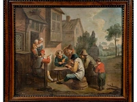 Flemish school, the pipe smokers in front of the inn, 18thc, oil on canvas 55 x 65 cm. (21.64 x 25.58 in.), frame: 67 x 67 cm. (26.37 x 26.37 in.) - afbeelding 2 van  7