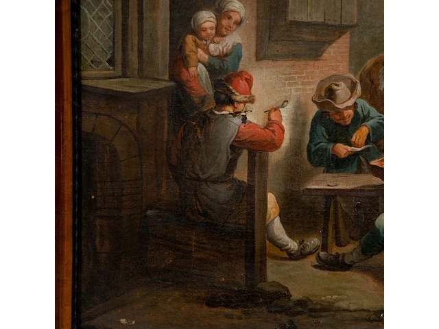 Flemish school, the pipe smokers in front of the inn, 18thc, oil on canvas 55 x 65 cm. (21.64 x 25.58 in.), frame: 67 x 67 cm. (26.37 x 26.37 in.) - afbeelding 5 van  7