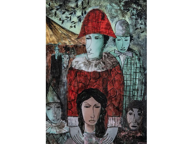 Floris jespers (1889-1965) and denise malfet (1945) (?), clowns, églomisé 58 x 41 cm. (22.82 x 16.14 in.), frame: 68 x 51 cm. (26.76 x 20.07 in.) - afbeelding 1 van  6