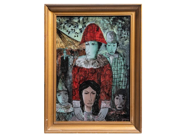 Floris jespers (1889-1965) and denise malfet (1945) (?), clowns, églomisé 58 x 41 cm. (22.82 x 16.14 in.), frame: 68 x 51 cm. (26.76 x 20.07 in.) - afbeelding 2 van  6