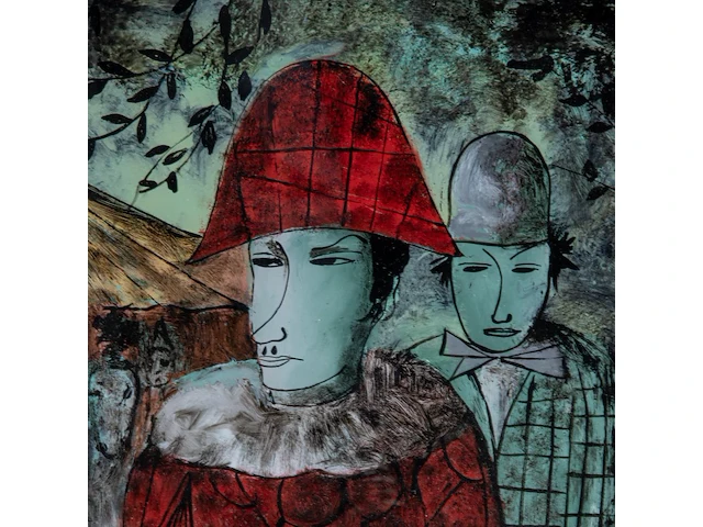 Floris jespers (1889-1965) and denise malfet (1945) (?), clowns, églomisé 58 x 41 cm. (22.82 x 16.14 in.), frame: 68 x 51 cm. (26.76 x 20.07 in.) - afbeelding 5 van  6