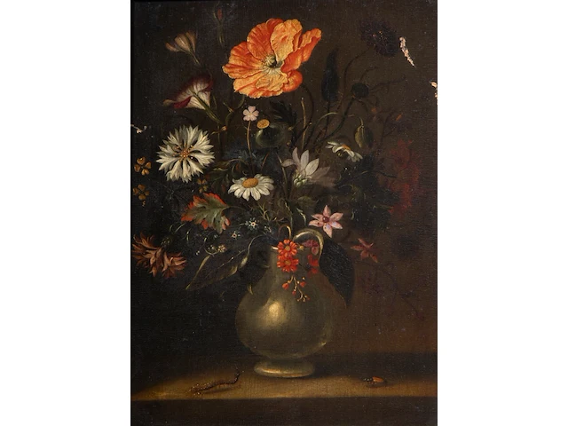 Flower vase with a caterpillar and a beetle, ca. 1620, the low countries, oil on walnut 36 x 27 cm. (14.16 x 10.63 in.), frame: 50 x 40.5 cm. (19.67 x 15.93 in.) - afbeelding 1 van  4