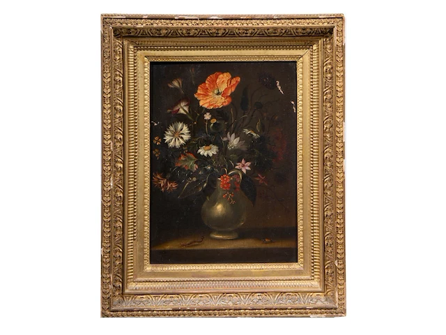 Flower vase with a caterpillar and a beetle, ca. 1620, the low countries, oil on walnut 36 x 27 cm. (14.16 x 10.63 in.), frame: 50 x 40.5 cm. (19.67 x 15.93 in.) - afbeelding 2 van  4