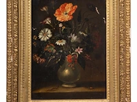 Flower vase with a caterpillar and a beetle, ca. 1620, the low countries, oil on walnut 36 x 27 cm. (14.16 x 10.63 in.), frame: 50 x 40.5 cm. (19.67 x 15.93 in.) - afbeelding 2 van  4