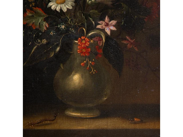Flower vase with a caterpillar and a beetle, ca. 1620, the low countries, oil on walnut 36 x 27 cm. (14.16 x 10.63 in.), frame: 50 x 40.5 cm. (19.67 x 15.93 in.) - afbeelding 4 van  4