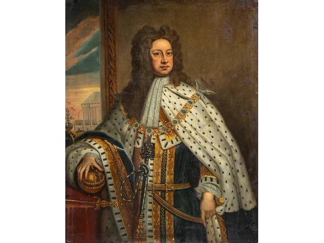Follower of godfrey kneller (1646-1723), portrait of king george i of great britain and ireland, 1718, oil on canvas 127 x 102 cm. (50 x 40.15 in.), frame: 160 x 135 cm. (62.99 x 53.14 in.) - afbeelding 1 van  8