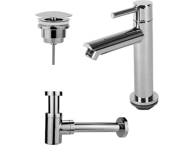 Fonteinkraanset met staande fonteinkraan laag, always open plug en design sifon chroom - afbeelding 1 van  1