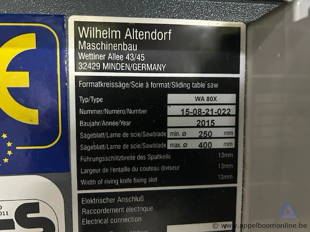 Formaatzaag altendorf wa 80x, bouwjaar 2015, met serienummer 15-08-21-022. de machine is uitgerust met een hoofdmotor van 5,5 kw en een voorritzermotor van 0,75 kw. - afbeelding 4 van  6