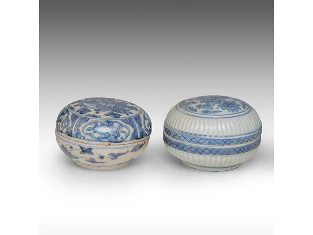 Four chinese blue and white shipwreck wares, incl. a fine 'scrolling lotus' jar and a 'buddhist lion' round box and cover, ming dynasty, h 9 - 10,5 - ø 12 cm - afbeelding 2 van  17
