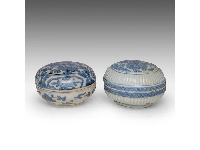 Four chinese blue and white shipwreck wares, incl. a fine 'scrolling lotus' jar and a 'buddhist lion' round box and cover, ming dynasty, h 9 - 10,5 - ø 12 cm - afbeelding 4 van  17