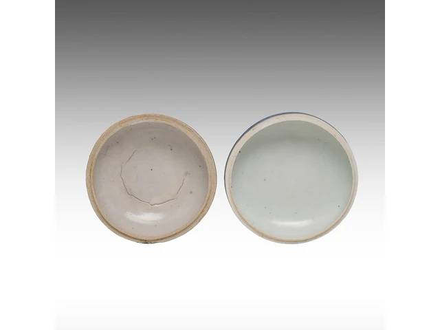 Four chinese blue and white shipwreck wares, incl. a fine 'scrolling lotus' jar and a 'buddhist lion' round box and cover, ming dynasty, h 9 - 10,5 - ø 12 cm - afbeelding 5 van  17