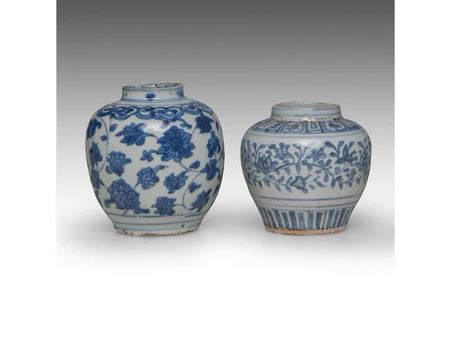 Four chinese blue and white shipwreck wares, incl. a fine 'scrolling lotus' jar and a 'buddhist lion' round box and cover, ming dynasty, h 9 - 10,5 - ø 12 cm - afbeelding 12 van  17