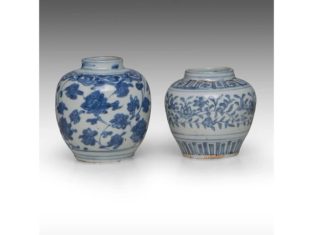 Four chinese blue and white shipwreck wares, incl. a fine 'scrolling lotus' jar and a 'buddhist lion' round box and cover, ming dynasty, h 9 - 10,5 - ø 12 cm - afbeelding 13 van  17