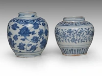 Four chinese blue and white shipwreck wares, incl. a fine 'scrolling lotus' jar and a 'buddhist lion' round box and cover, ming dynasty, h 9 - 10,5 - ø 12 cm - afbeelding 13 van  17